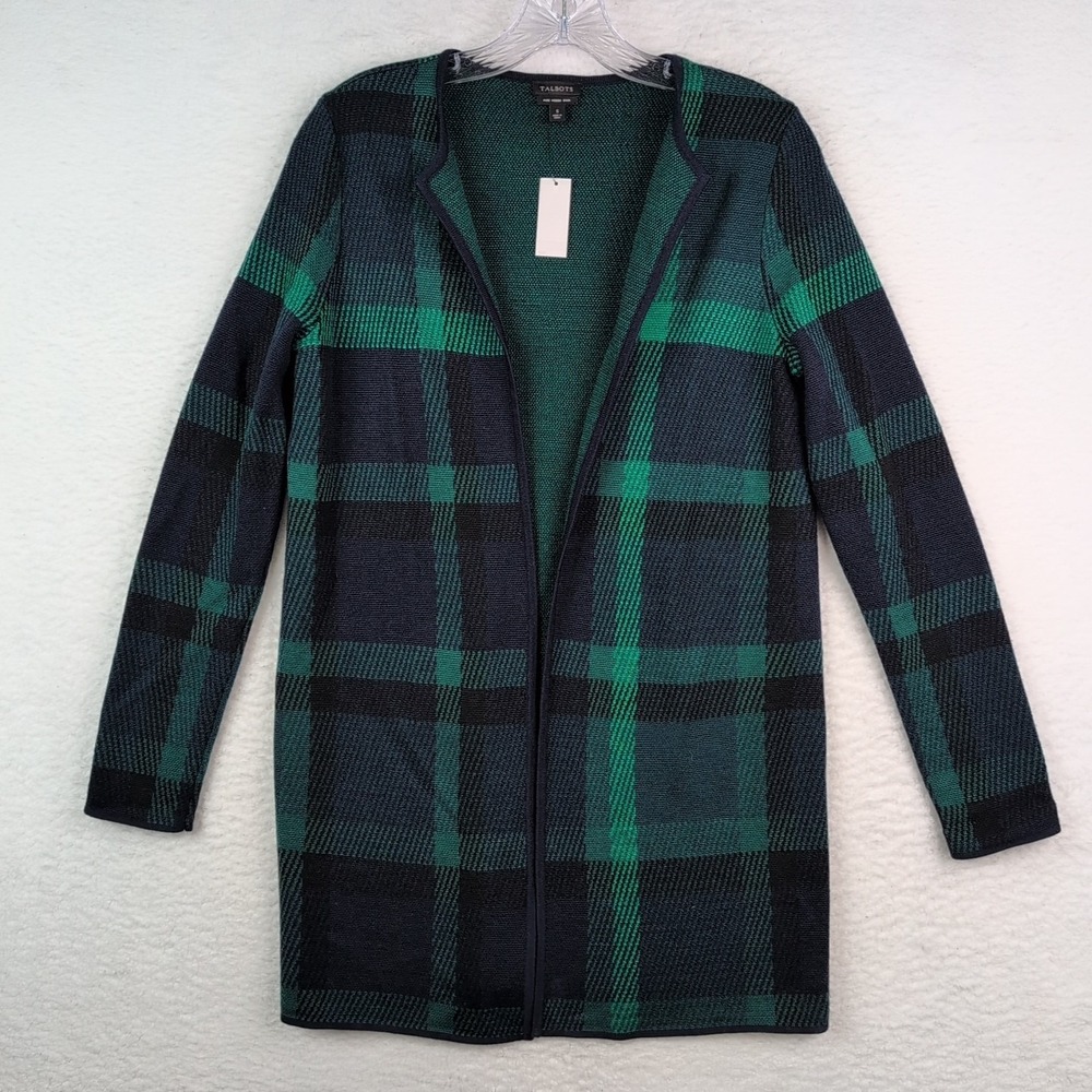 NWT Talbots Merino Wool Open Cardigan Sweater Sz Small Tartan Plaid Long